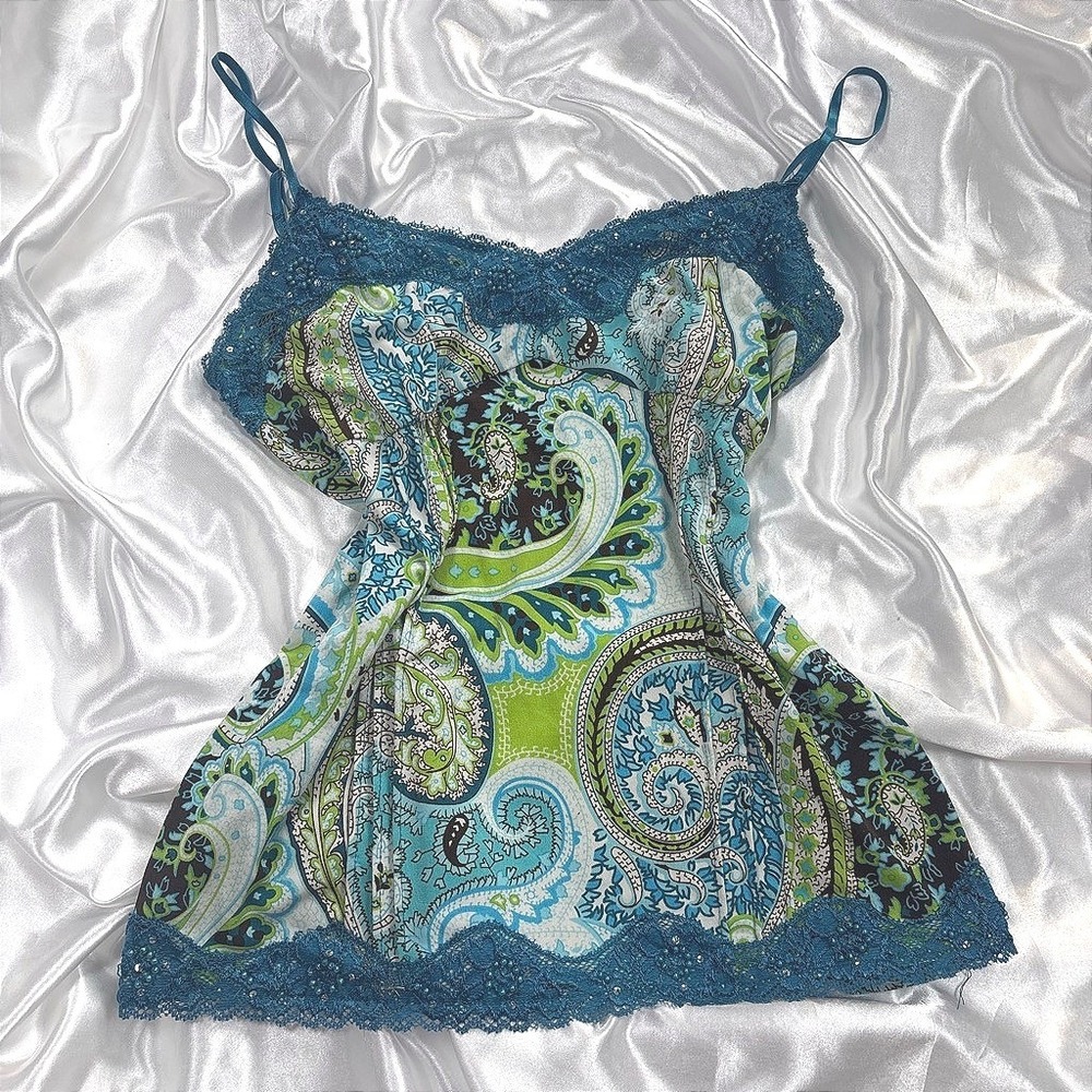 y2k Cami Top Teal No Boundaries Paisley Lace Trim Sequin Beaded L